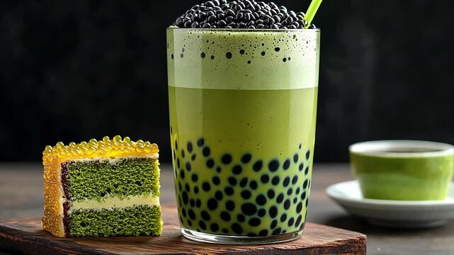 Close up of a green tea boba drink with tapioca pearls, a slice of green tea cake with yellow pearls, and a green tea cup and saucer on a wooden surface.