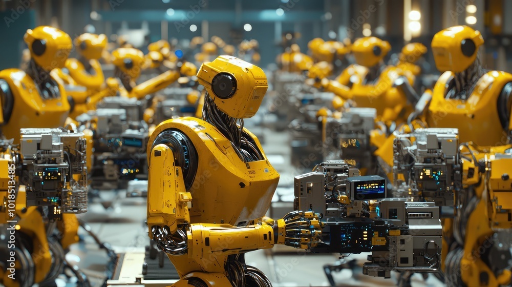 Poster a vibrant scene of yellow robots working collaboratively in a modern factory, showcasing the future 