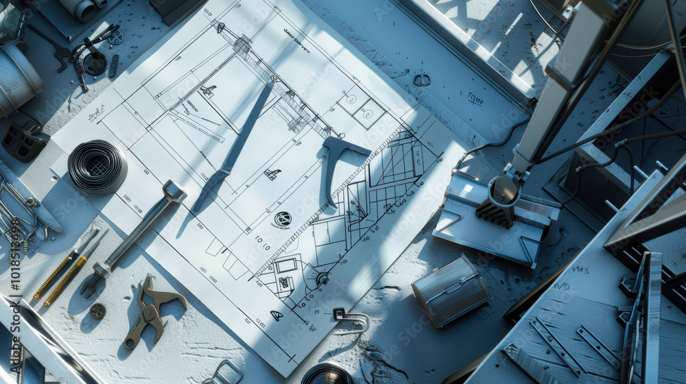 Poster detailed blueprint lies on workbench surrounded by various tools and materials, showcasing creative 