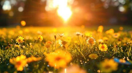 Fototapeta premium Golden Sunset Field of Wildflowers