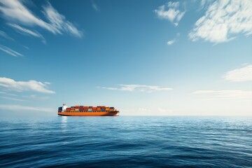 A Cargo Ship Sailing On The Open Sea, Loaded With Containers, Vast Ocean Expanse, Heavy-duty Maritime Transport, Professional Photo