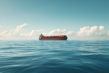 A Cargo Ship Sailing On The Open Sea, Loaded With Containers, Vast Ocean Expanse, Heavy-duty Maritime Transport, Professional Photo