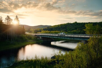 Obraz premium Highway Bridge Over Green Forest Landscape at Sundown, Profile View of a Car on Bridge, Landscape Photography, High End, Advertising Campaign