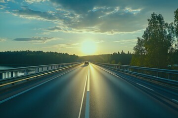 Highway Bridge Over Green Forest Landscape at Sundown, Profile View of a Car on Bridge, Landscape Photography, High End, Advertising Campaign