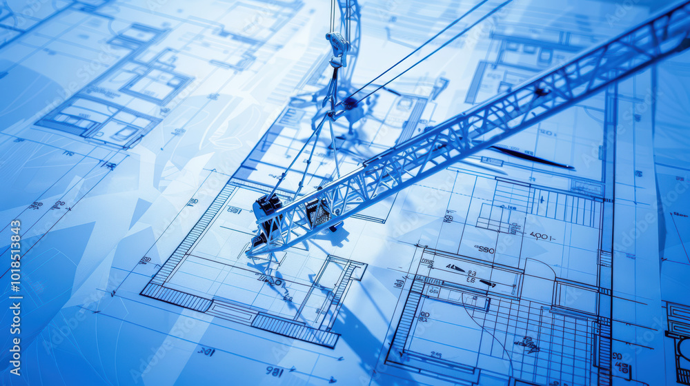 Poster detailed construction blueprint with crane in action, showcasing architectural plans and design elem