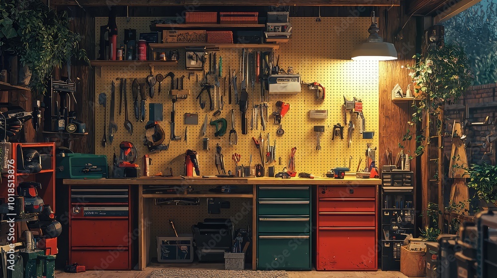 Poster a vibrant workshop showcasing an array of tools, storage units, and a warm atmosphere for creative p