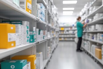 Medical supply room stocked with essential equipment, logistics manager reviewing inventory, photorealistic healthcare system