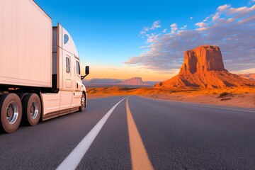 Obraz premium Huge Semi-truck Crossing the Southwest United States on an Empty Road