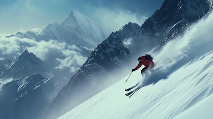 Skier Descending a Mountainous Slope with Dramatic Clouds in the Background
