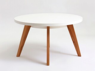 scandinavian-inspired circular coffee table with sleek white top and three angled wooden legs, set against a pure white backdrop. minimalist design emphasizes clean lines and natural materials.