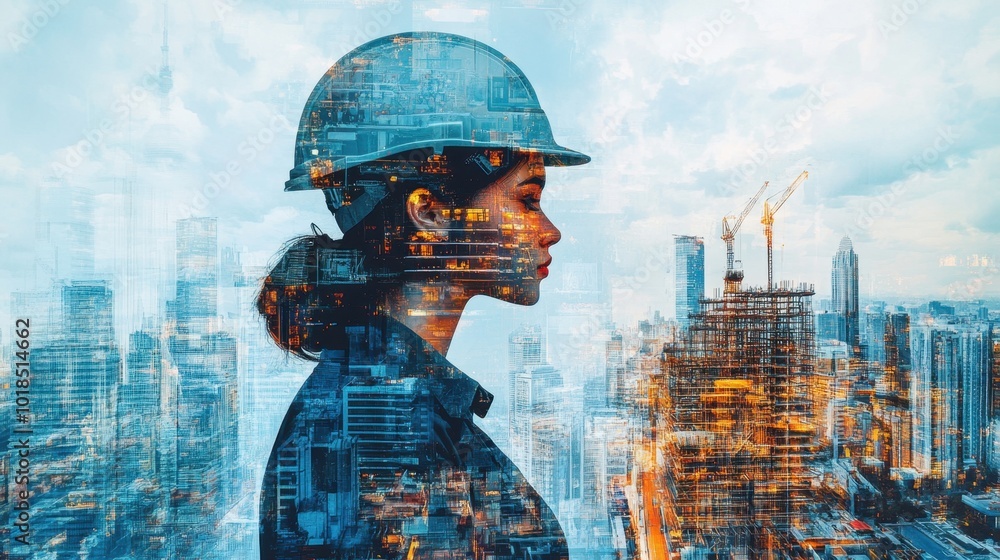 Poster a building engineer with blueprints overlaid on a city skyline and construction site in double expos