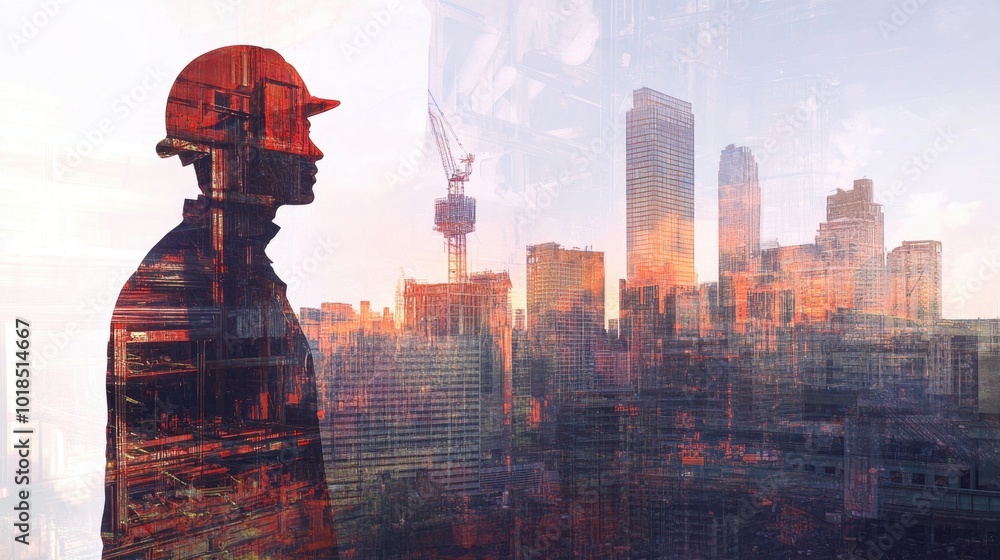 Poster a building engineer with blueprints overlaid on a city skyline and construction site in double expos
