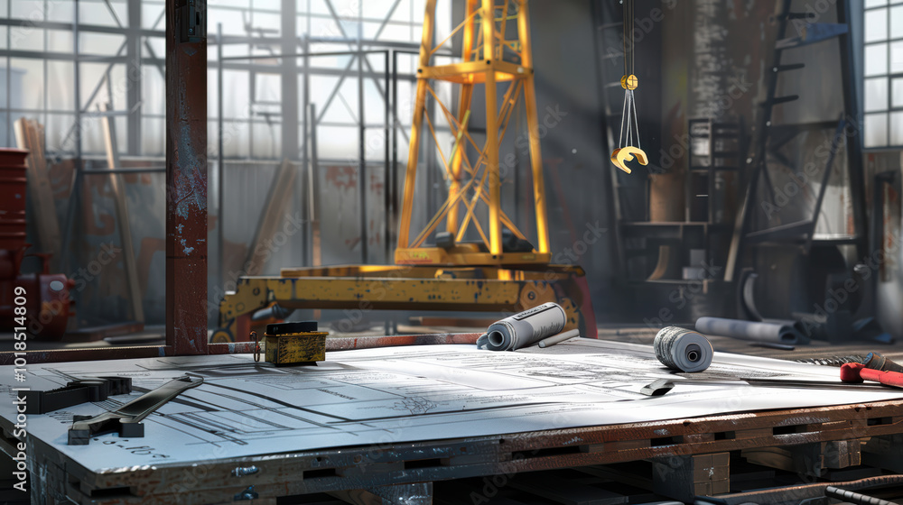 Aufkleber construction site with blueprints, tools, and crane in background creates dynamic atmosphere of prod