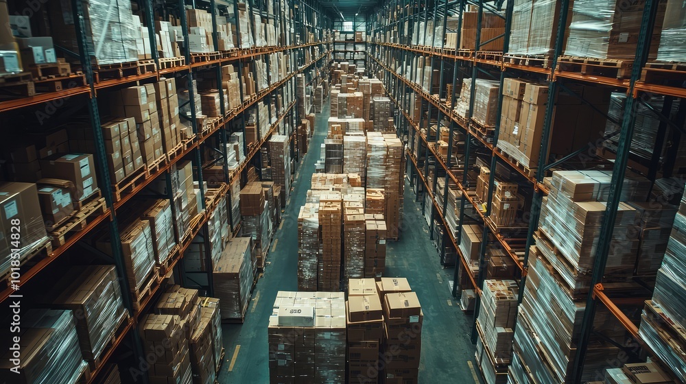 Poster aerial view of a vast warehouse filled with stacked boxes and organized shelves, showcasing efficien