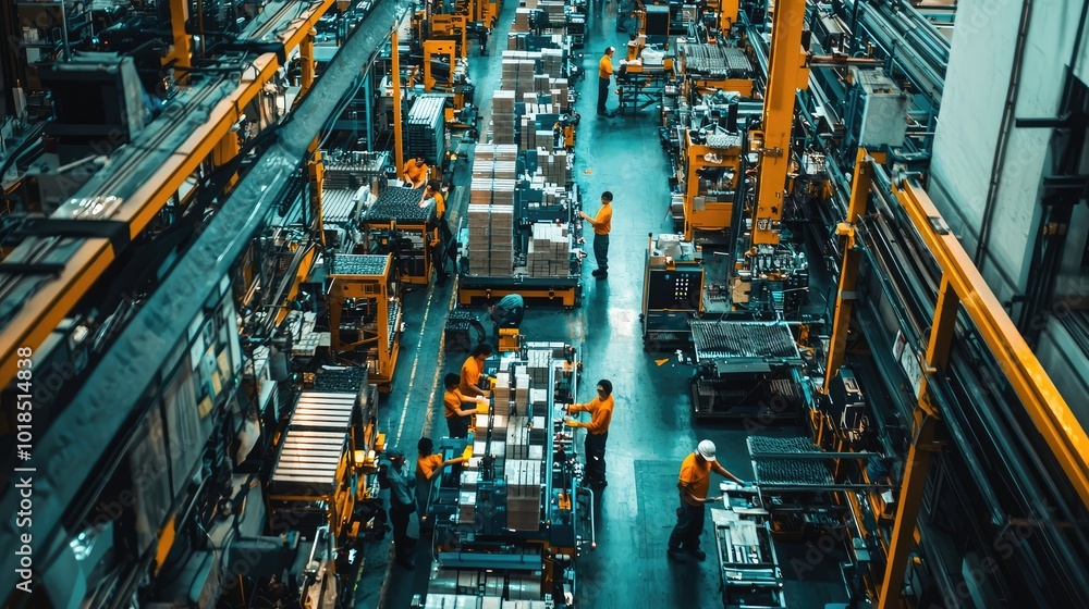 Poster aerial view of a busy warehouse with workers handling packages and operating machinery for efficient