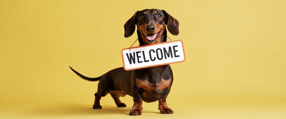 Cheerful Dachshund Holding Welcome Sign on Yellow Background