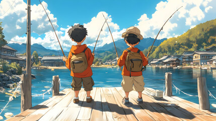 Two Boys Fishing on a Wooden Pier Overlooking a Lake with Mountains in the Background