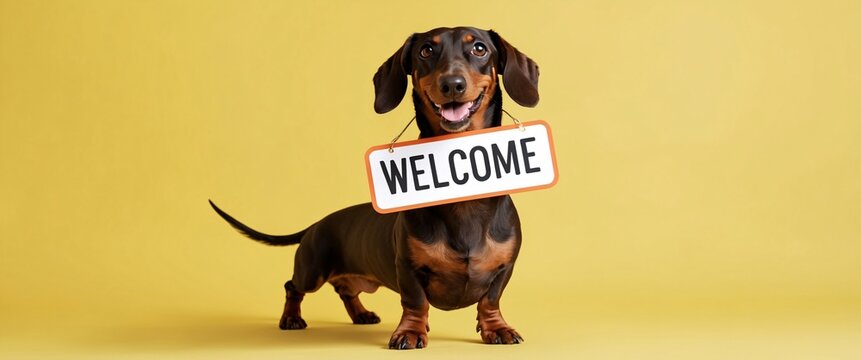 Cheerful Dachshund Holding Welcome Sign on Yellow Background