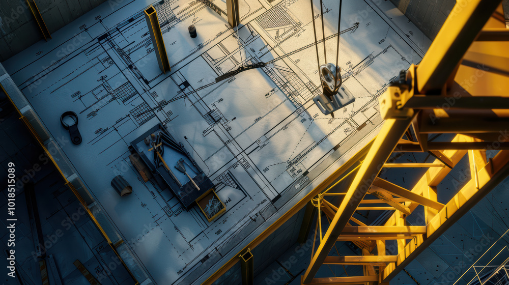 Poster construction site with blueprints and tools visible, showcasing planning phase of building project. 