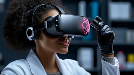 Virtual Reality in Medicine: A focused female scientist, wearing a lab coat and VR headset, examines a detailed molecular structure projected within the virtual environment.