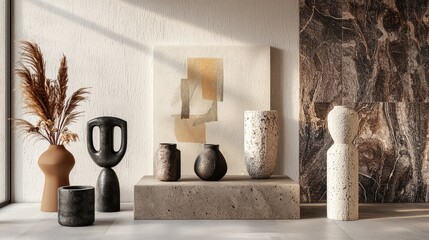 Aesthetic display of modern vases and art elements in a stylish interior setting, highlighting textures and natural tones.