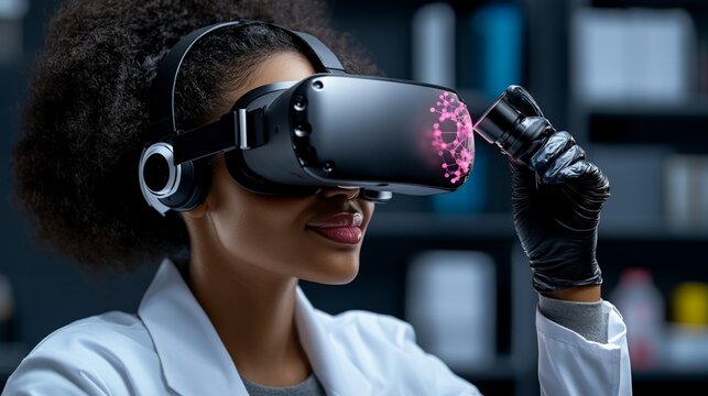 Virtual Reality in Medicine: A focused female scientist, wearing a lab coat and VR headset, examines a detailed molecular structure projected within the virtual environment.