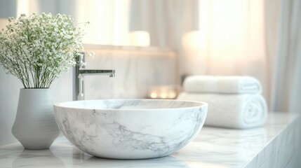 Fototapeta premium pristine white bathroom showcasing a luxurious marble table top, perfectly poised for product display, with a softly blurred background enhancing elegance