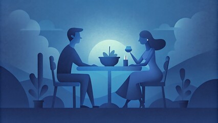 Silhouette of a Couple Having a Romantic Dinner at Sunset
