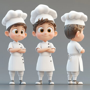 3D Cartoon boy chef in chef's uniform from three angles

