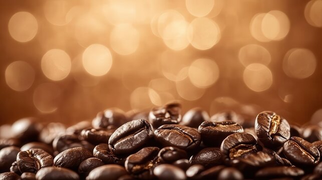 roasted coffee beans displayed on a blurred brown background with a subtle bokeh effect, evoking the rich aroma and allure of freshly brewed coffee