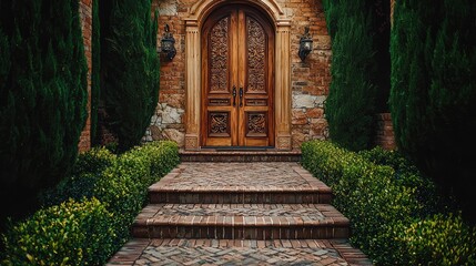 An elegant wooden door framed by lush greenery and a beautifully paved pathway, inviting exploration and tranquility.