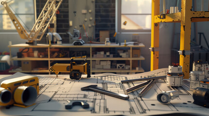 Fototapeta premium detailed construction workspace featuring tools and blueprints, showcasing miniature construction vehicle and various equipment. scene conveys sense of creativity and engineering precision