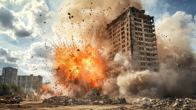 An explosive demolition of a high-rise building, capturing the dramatic impact and flying debris against a cloudy sky.