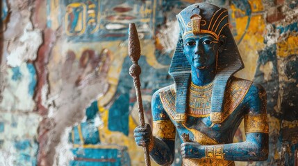 Fototapeta premium An intricately detailed ancient Egyptian statue depicting a pharaoh, showcasing vibrant colors and historic craftsmanship.