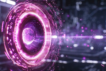Obraz premium A vibrant digital design featuring glowing purple elements and intricate patterns, perfect for futuristic themes and technology projects.