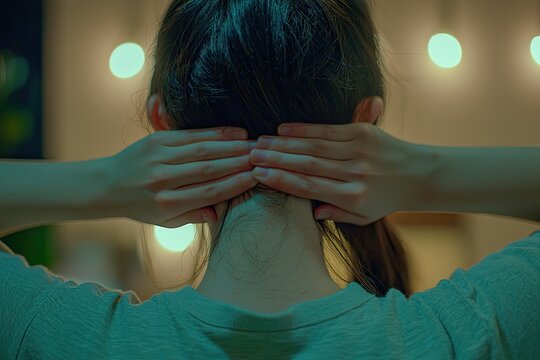 A person soothing their neck, surrounded by soft warm lights, conveying a sense of relaxation and calmness.