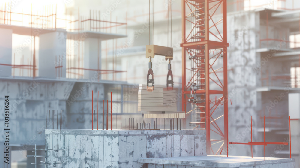 Poster construction site featuring cranes and concrete structures, showcasing process of building and devel