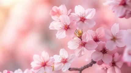 Fototapeta premium serene cherry blossom sakura garden in full bloom, soft pink petals fluttering in a gentle breeze, creating a tranquil spring ambiance perfect for a nature-inspired wallpaper