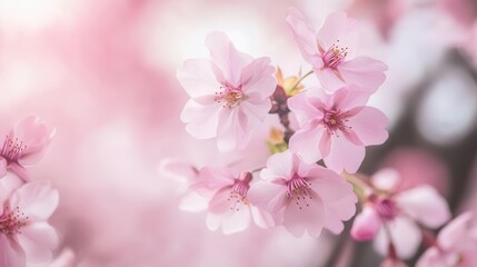 Fototapeta premium serene cherry blossom sakura garden in full bloom, soft pink petals fluttering in a gentle breeze, creating a tranquil spring ambiance perfect for a nature-inspired wallpaper