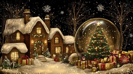 Obraz premium Festive Christmas scene with red ornaments, candy canes, wrapped gifts, and a snow globe, placed next to a snow-covered Christmas tree. Soft, glowing bokeh lights fill the light background.