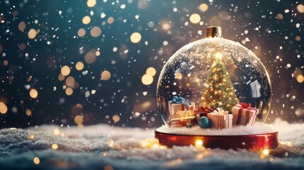 Festive Christmas scene with red ornaments, candy canes, wrapped gifts, and a snow globe, placed next to a snow-covered Christmas tree. Soft, glowing bokeh lights fill the light background.