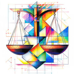 Abstrakte Wasserfarben-Illustration vom Sternzeichen Waage aus geometrischen Formen - Farbenfroher Kunstdruck