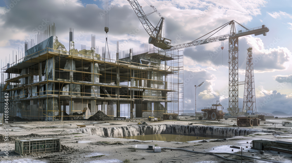 Poster construction site featuring partially built structure with cranes and heavy machinery. scene capture