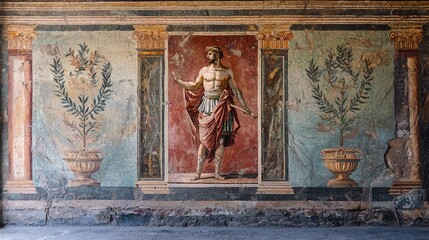 Ancient mural depicting a figure surrounded by ornamental flora, showcasing classical art and historical significance.