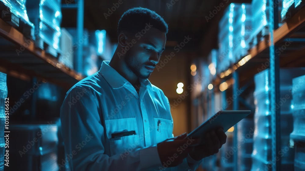 Poster smart warehouse scene featuring a manager intently focused on a digital tablet, with robotic systems