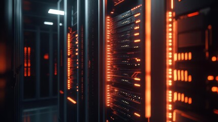 Obraz premium sleek modern rack houses illuminated servers in a dimly lit data center, with glowing led lights casting a tech-savvy ambience, hinting at digital innovation