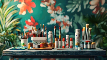 Artistic workspace featuring paintbrushes, vibrant colors, and art supplies on a rustic table surrounded by floral decor.