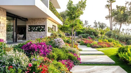 Obraz premium Beautiful garden pathway adorned with vibrant flowers and greenery, leading to a modern home filled with natural light.