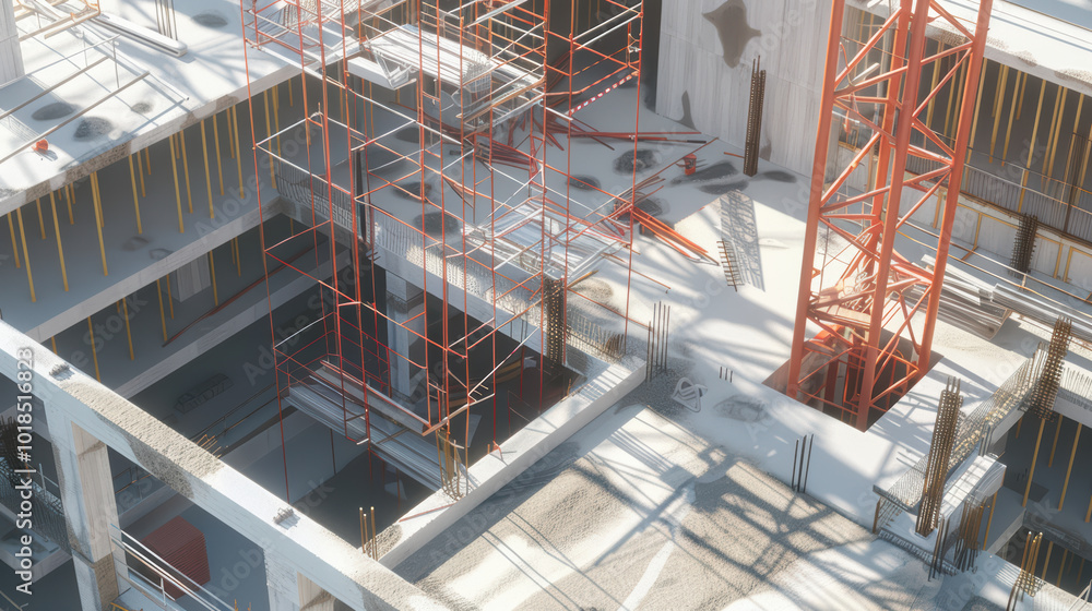 Poster construction site with scaffolding and cranes, showcasing modern building under development. intrica