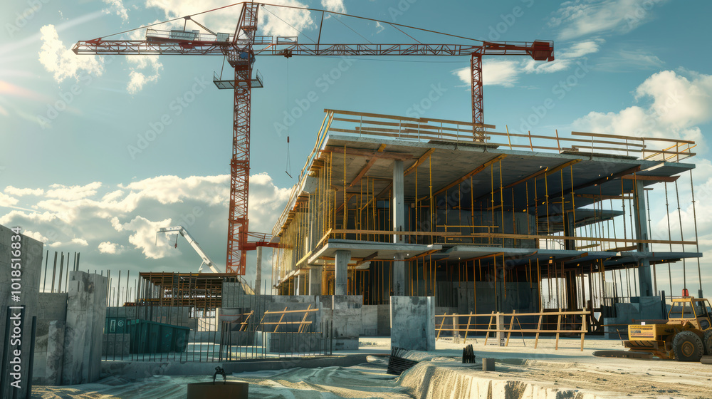 Poster modern construction site featuring large building under development, with cranes and scaffolding vis